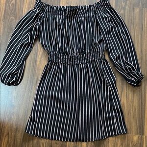 Dynamite Black Off-Shoulder Mini Dress with Pink Stripes